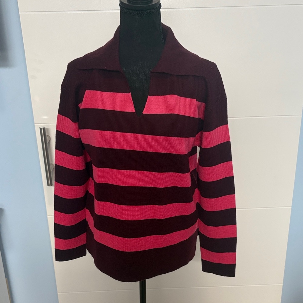 Talbots V-Neck Sweater with Burgundy and Pink Stripes